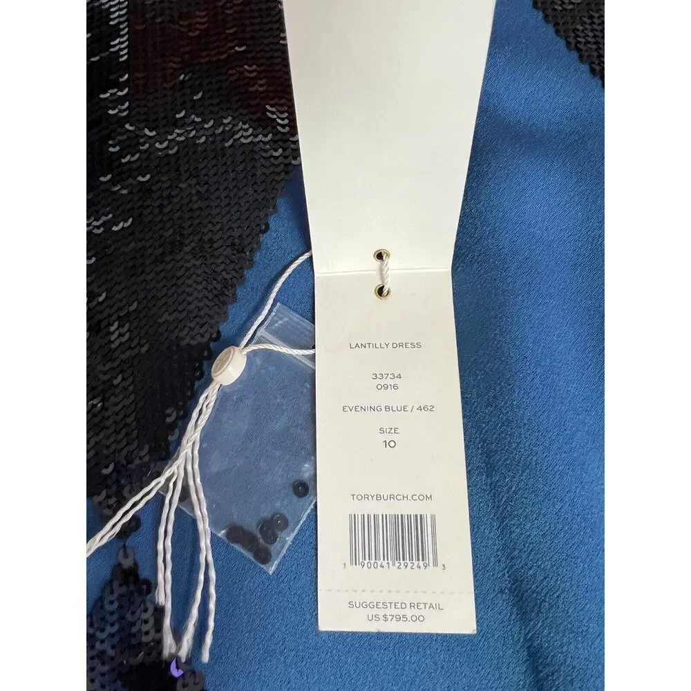Tory Burch Lantilly Evening Blue Sequin Shift Tunic Dress Sz 10 NWT $795